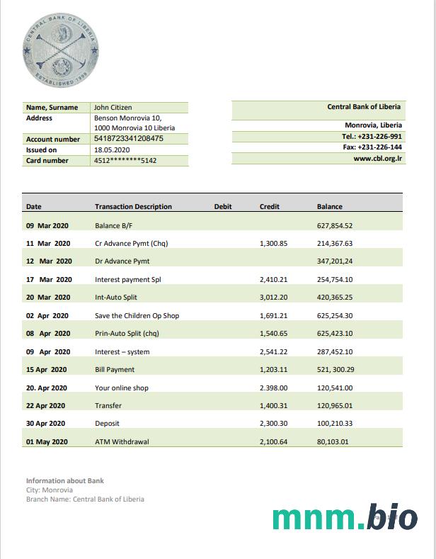 Liberia Bank Centralny Liberia wyciąg bankowy łatwy do wypełnienia szablonu .xls i .format pliku pdf